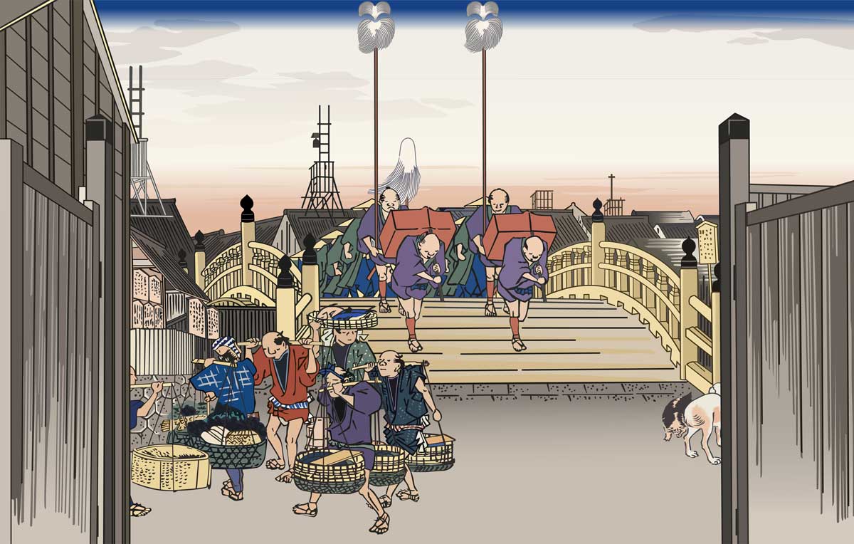 「東海道五十三次の日本橋の様子」江戸の町の発展には木材は必要不可欠なものであった：イメージ